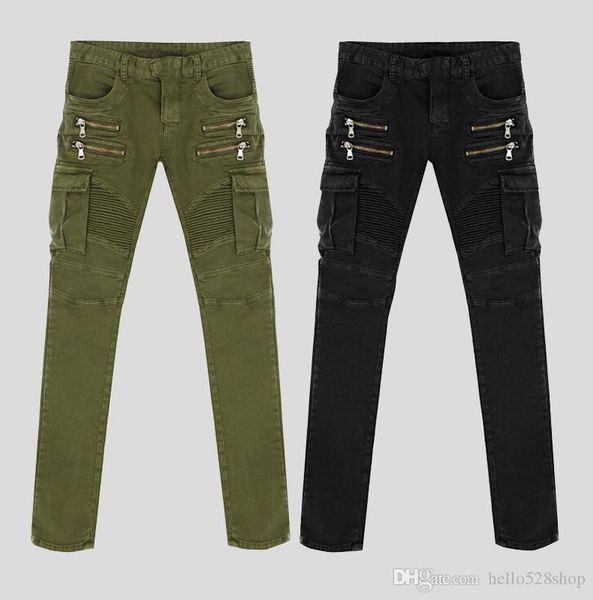 

fashion multi-pocket zipper jeans men folded strench pants streetwear style cool straight motorcycle biker long trousers black/army green, Blue
