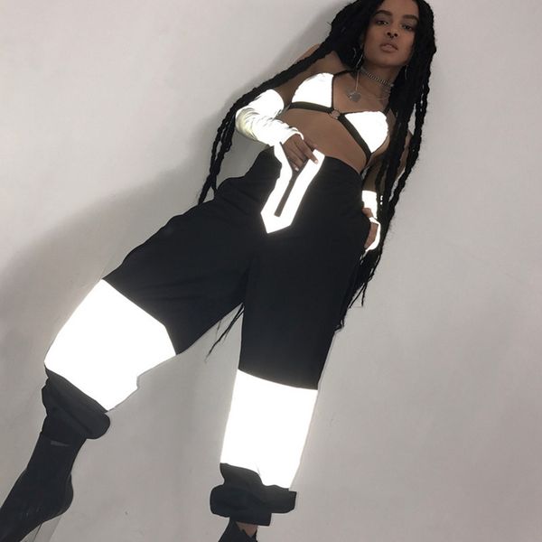 

светоотражающий спортивный костюм женская мода жилет топ + длинные брюки 2 шт. набор хип-хоп светоотражающие спортивные штаны костюм pantalo, White