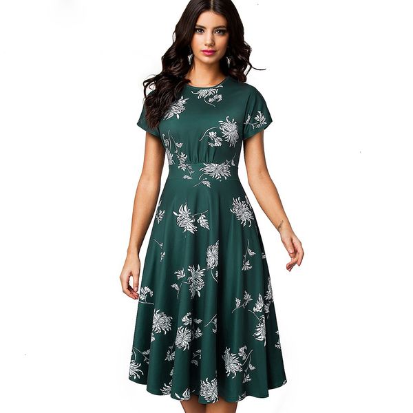 

womens clothing womens dresses vintage elegant floral print pleated round neck vestidos pinup party flare swing cap sleeve dress a102, Black;gray