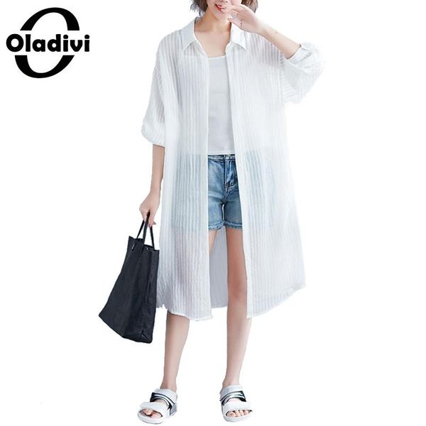 

oladivi plus size women casual shirt blouse long kimono cardigan blusa beach thin outerwear summer 2019 sun protection cover, White