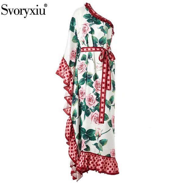

casual dresses svoryxiu women's summer runway plus size maxi off shoulder batwing sleeve dot rose flower print loose long dress, Black;gray