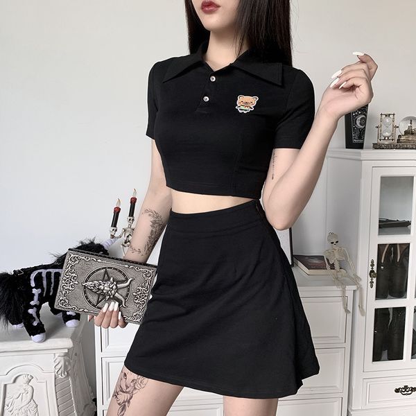 

korean clothes 2 piece set women black gothic crop t-shirt preppy mini skirt high waist outfit cute cartoon emboridery, White