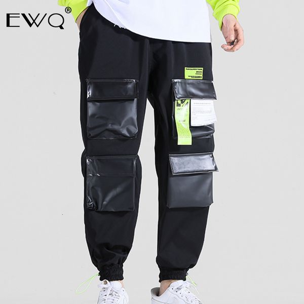 

ewq / autumn winter 2019 pockets zippers full length cargo elastic mid waist straight pants personality man's korea style ft169, Blue