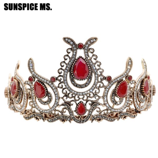 

sunspice ms retro vintage turkish ethnic flower tiaras for women antique gold color crown retro bohemia wedding hair jewelry new, Golden;white