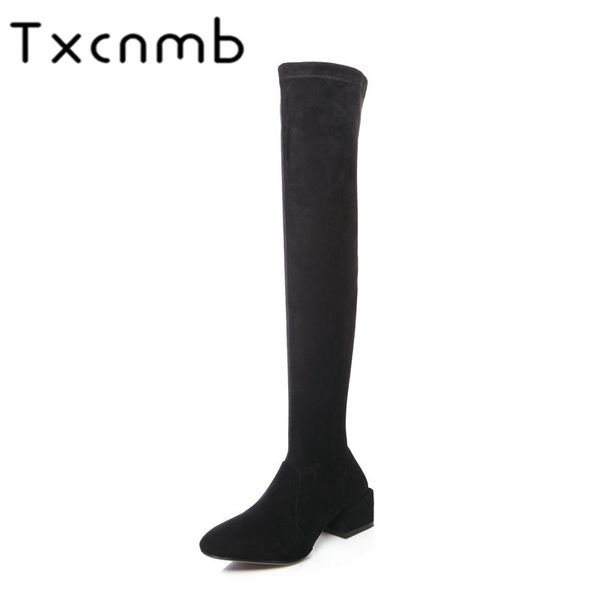 

txcnmb boots women over the knee boots genuine leather autumn winter warm square heels shoes woman quality party dancing shoes, Black
