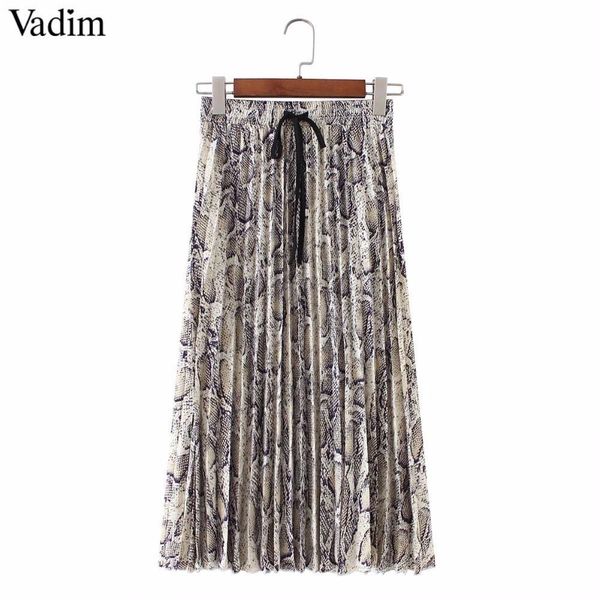 

women stylish snake print pleated skirt faldas mujer drawstring tie elastic waist ladies casual mid calf skirts ba108, Black