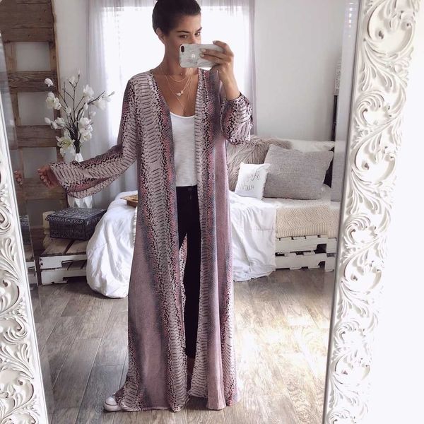 

fashion spring women long maxi cardigan snake print chiffon loose casual overcoat open boho slim long sleeve, Black;brown