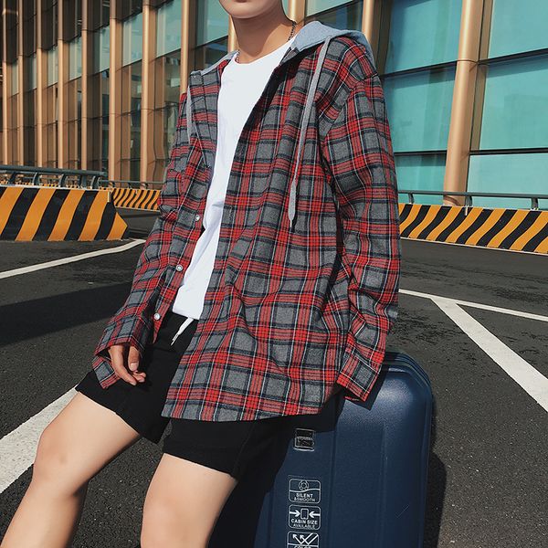 

autumn new shirt men fashion retro casual lattice hooded shirt man streetwear wild loose long-sleeved male clothes -3xl, White;black