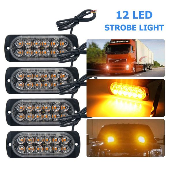 

4pcs 12v 24v 12 led super bright emergency warning caution waterproof amber strobe light bar flashing for car truck suv van