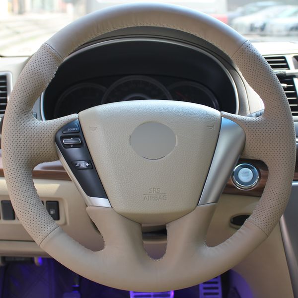 

beige genuine leather diy hand-stitched car steering wheel cover for nissan teana 2008-2012 murano 2009-2014