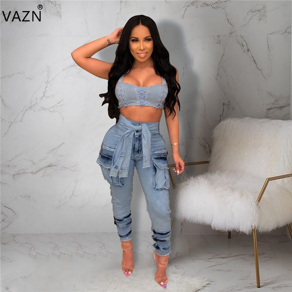 

vazn me255 new autumn fashion women pants zipper solid age reduction bandage long denim pencil pants, Blue