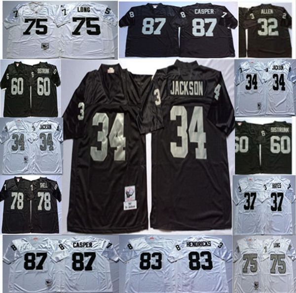 Vintage NCAA Oakland Football 34 Bo Jackson 75 Howie Long 32 Marcus Allen Jerseys 25 Fred Biletnikoff Lester Hayes Casper Jersey Preto Branco