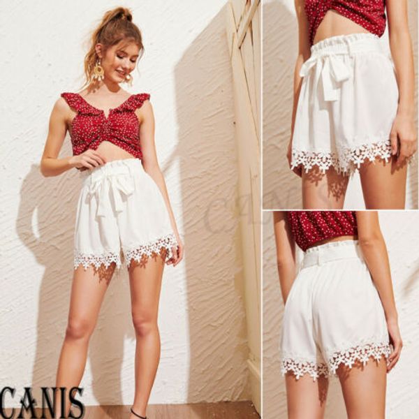

new fashion women's lace high-waist floral solid-white bandage shorts lady summer casual comfortable clothing s-xl, White;black