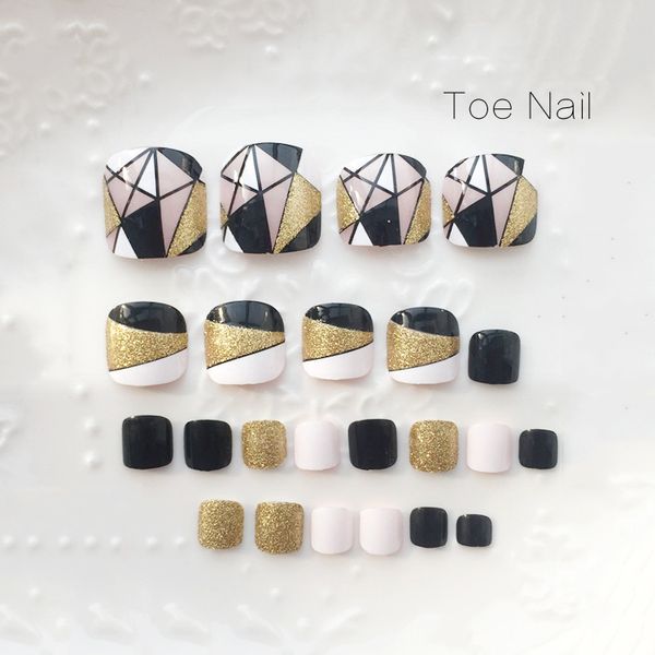 

toe fake nails toes nail art tips false nails 24pcs/set nails supplies with glue 3d toe nail art decorations wholesale ing, Red;gold