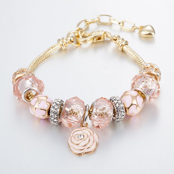

luxury fashion new brand beads bracelet diy pink flowers drops oil beads 18k gold bracelet for women bracelet wholesale jewelry, Black