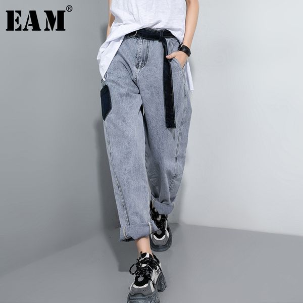 

eam] contrast color with belt long wide leg jeans new high waist loose women trousers fashion tide spring autumn 2020 1t301, Blue