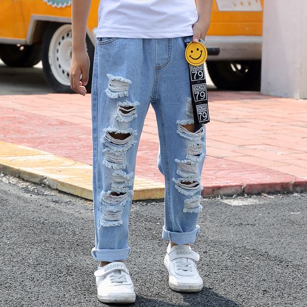 

broken hole kids jeans for boys new fashion spring summer jeans for girls casual loose ripped children jean4-12year, Blue
