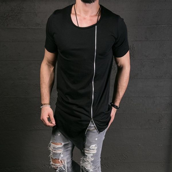 

men's t-shirts fashion asymmetrical men long t shirt side zipper o neck short sleeve t-shirt hip tee tshirt, White;black