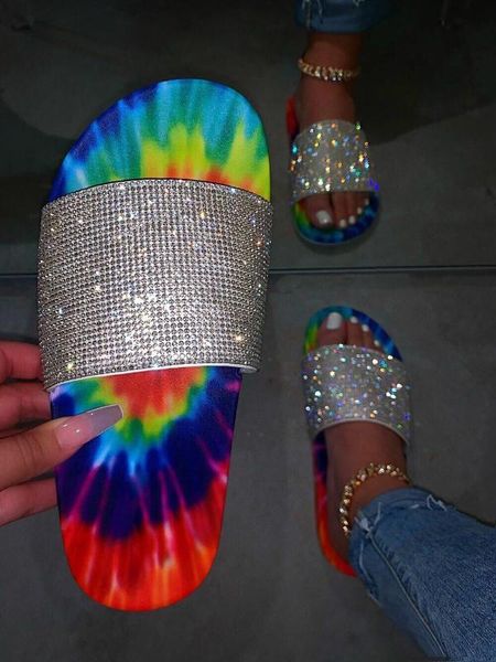 

factory direct send 2020 spring comfortable wild plus size lady starry sky flat rhinestones wild slippers, Black