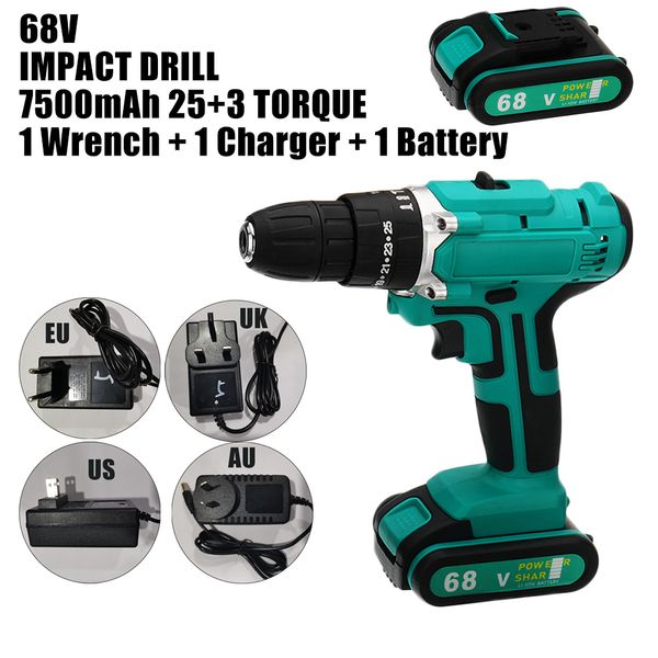 

68v 7500mah electric cordless impact drill 2-speed power driver tool w/ battery us/uk/au/eu for diy/ home/ engineering using