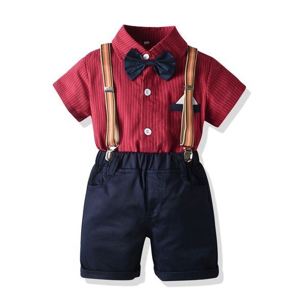 Neonati maschi Abiti da gentiluomo Camicia da neonato estiva Set di abbigliamento Camicie a righe per bambini Top con papillon + Pantaloncini con bretelle Set di compleanno S195