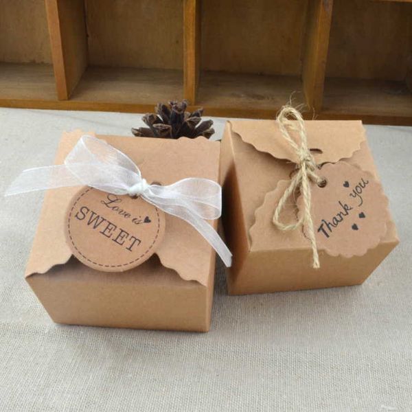 

50pcs brown kraft paper box small gift boxes ribbon candy packaging box wedding favor 6.5x6.5x4.5cm