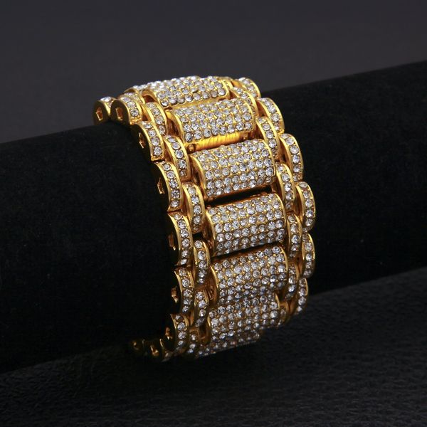 HIP HOP Full Rhinestones Bling leced Out Rapper Bracete Gold Silver Watch Band Link Chain Braclets Браслеты для мужчин Ювелирные изделия