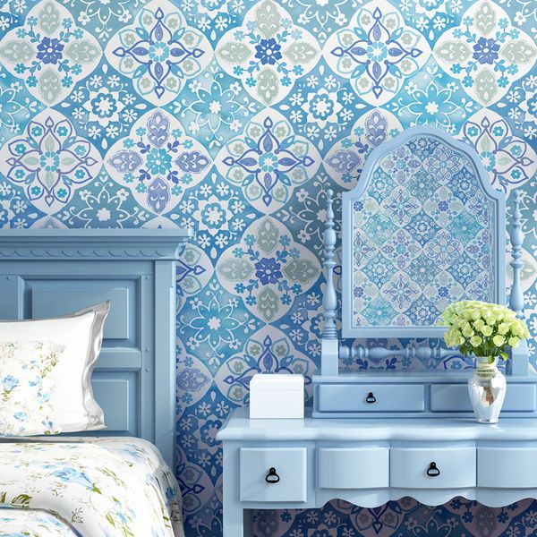

classic blue and white porcelain floral tile wallpaper mediterranean style living room bedroom tv setting waterproof pvc wallpaper