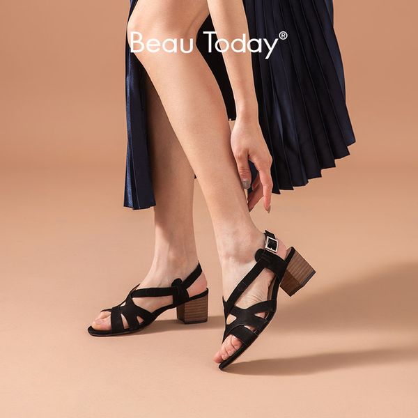 

beautoday pump sandals women genuine cow leather pointed toe slingback strap rome summer ladies high heel shoes handmade 31085, Black