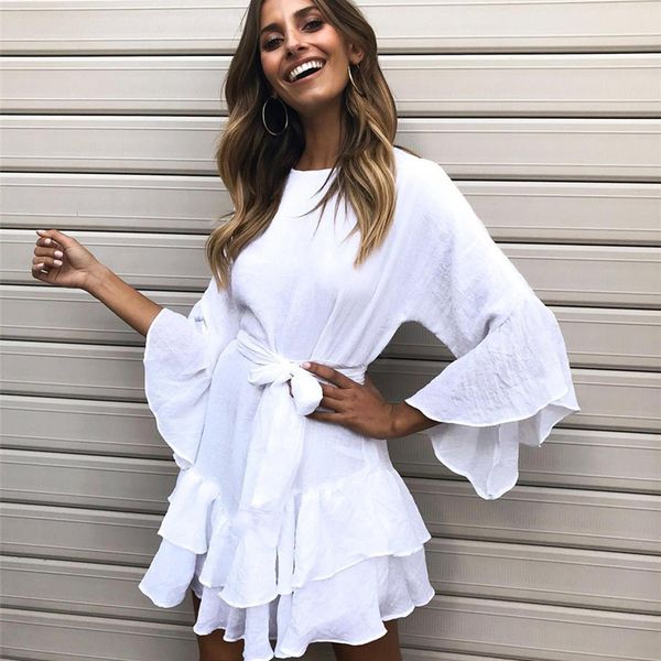 

summer vintage mini o-neck ruffles white dress women 2019 casual beach short party dress sweet women vestidos female, Black;gray