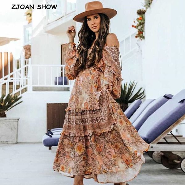

2020 women bohemian lacing up bow v neck floral print dress stitching wood ear ruffle lantern long sleeve maxi long boho dresses, Black;gray