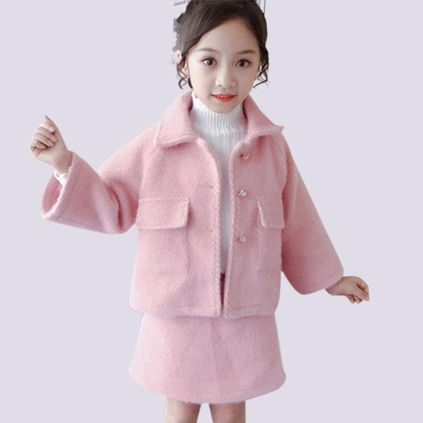 

clothes for girls a-line skirt + jacket suit for girls solid wool coat outfits winter warm princess suit party, White