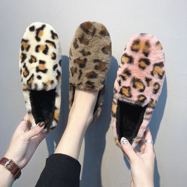

leopard flat shoes ladies winter shallow flannel woman casual slip-on ballerina non-slip keep warm faux fur new zapatos de mujer, Black