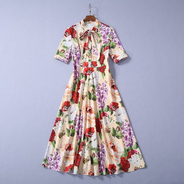 

new european and american women's dresses for spring 2020 short - sleeved bow neck flower peony print fashionable dress, Black;gray