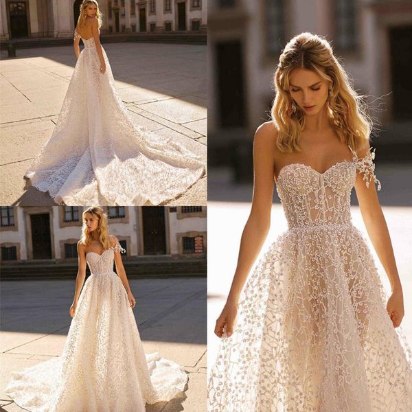 

2019 summer bohemian wedding dresses sweetheart illusion beaded a line boho bridal gowns lace beach plus size wedding dress, White