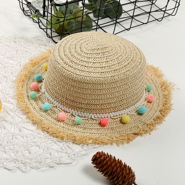 

versatile new products children cute small colorful ball fray straw hat children flat roof large brimmed hat beach sun-resistant, Yellow