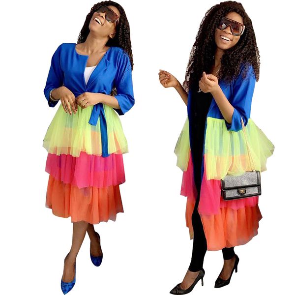 

women 3/4 sleeves candy color mesh ruffled layered patchwork belted long coats cardigan outwear cape can wear like the dress, Black