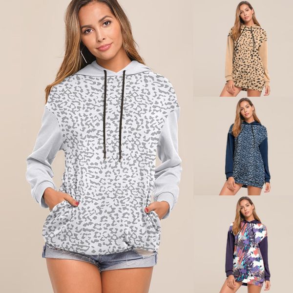 

women leopard print pocket sweatshirts long sleeve hoodie blouse shirt pullover loose hip hoodies streetwear clothes women, Black