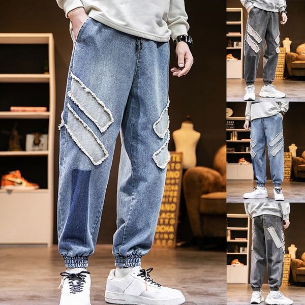 

men's casual fashion loose patchwork elastic waist legged jeans pencil pants comfort fashion casual breathable gathered jeans, Blue
