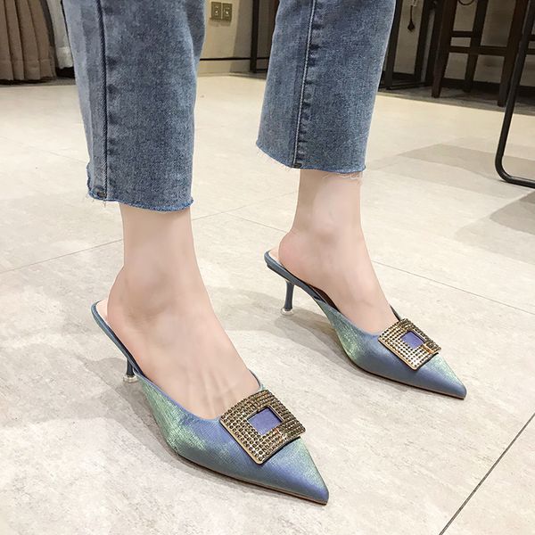 

crystal buckle high heel slippers women silk mules shoes summer fashion thin heel sandals women shiny pointed toe slippers, Black