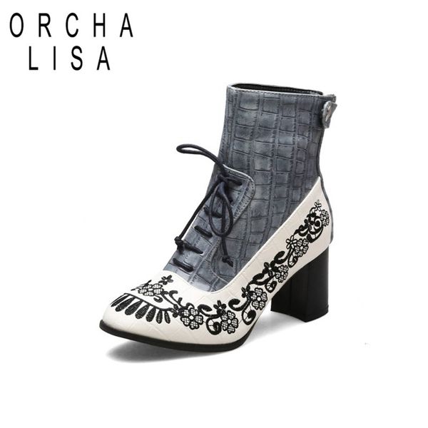 

orcha lisa 2020 winter block high heels shoes red flower embroidery lace up woman ankle boots motorcycle booties blue red, Black