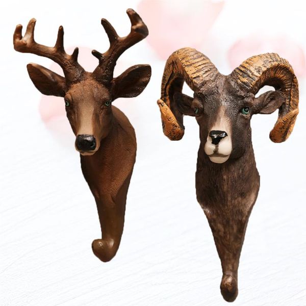

2pcs resin figurines animal decorative wall hanging hook animal head model hook retro modeling sundries for room decoration