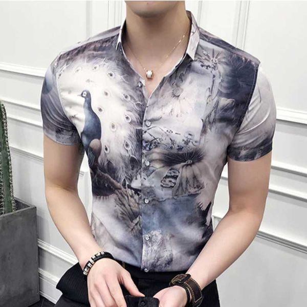 

2019 men's shirts retro floral printed short sleeve man casual slim shirt fashion men dress shirt men's short sleeve clothing, White;black