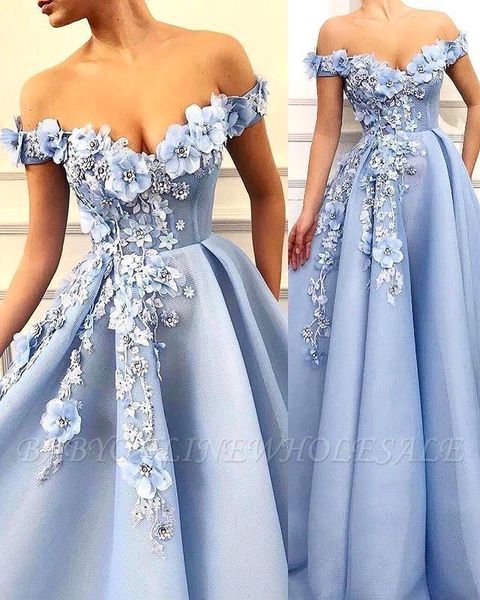 Elegante Sky Blue A Line Abendkleider Luxus Perlen Appliques weg von der Schulter-Spitze-Berühmtheits-Partei Glamorous Spitze Abendkleider Robe de mariage