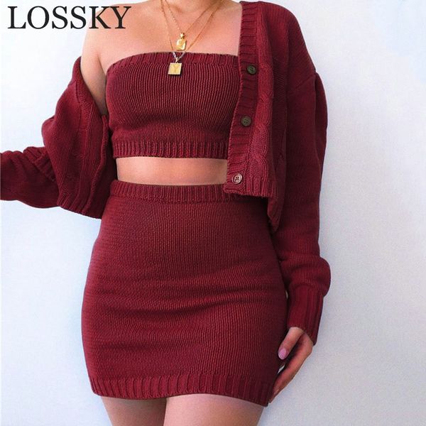 

fall solid office lady outfits 3 piece sets women knitted cardigan sweater button crop mini skirt 2 two piece set suit, White