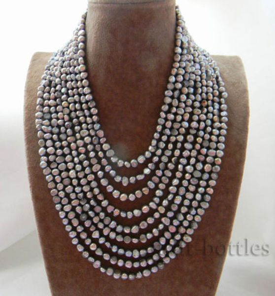 

100% selling picture full 9strands 6mm gray baroque freshwater pearl necklace, Silver