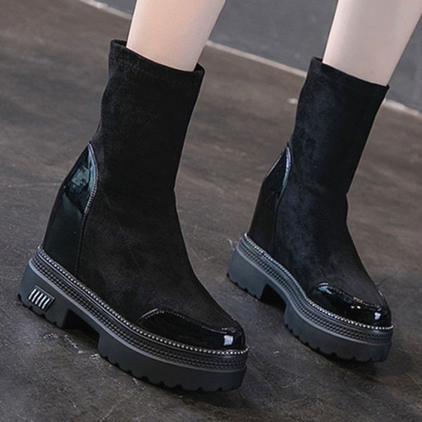 

winter boots women autumn height increasing ladies shoes slip-on black ankle shoes rhinestone leather flock fashion boot female