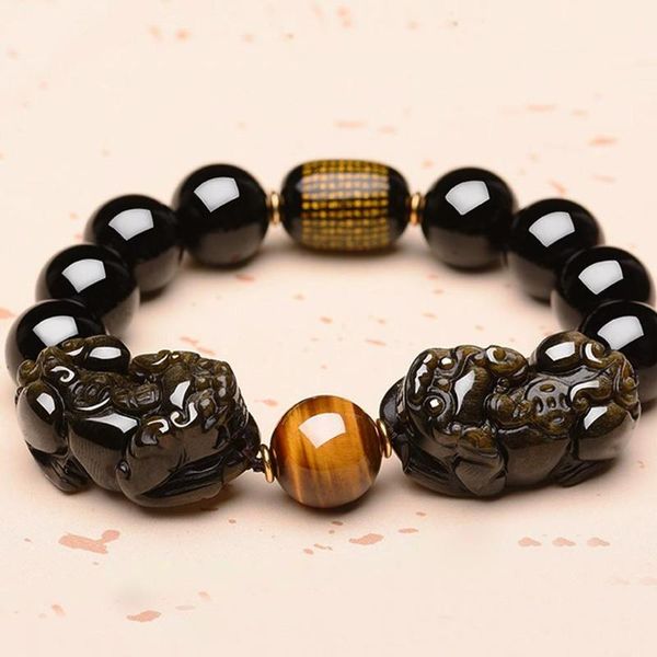 

double pi xiu wealth bracelet men women natural gold obsidian bracelets tiger eye & hematite & black obsidian stone bangle, Golden;silver