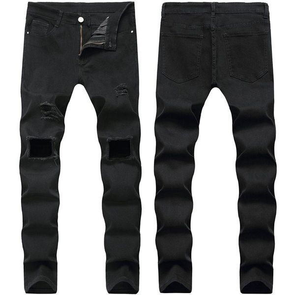 

black jeans men's stretch new men's jeans tide hole high street tide men's pants multi size, Blue