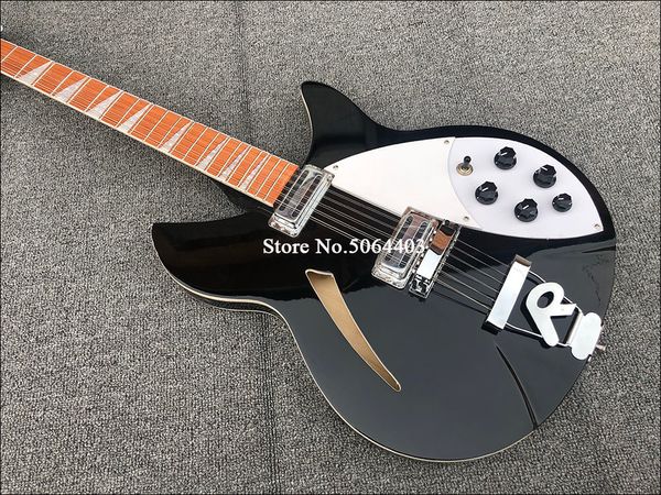 330 12 corde lucido nero semi body body elettrico chitarra elettrica gloss vernice di vernice in palissandro, 5 kons, 2 jack di uscita, foro singolo f